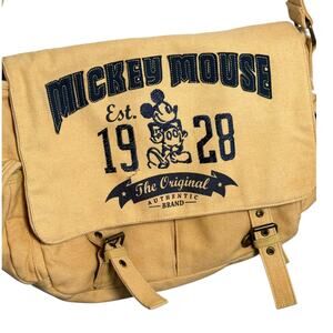 Disney Parks Canvas Messenger Bag Satchel Mickey Mouse Est 1928 Khaki Navy Blue